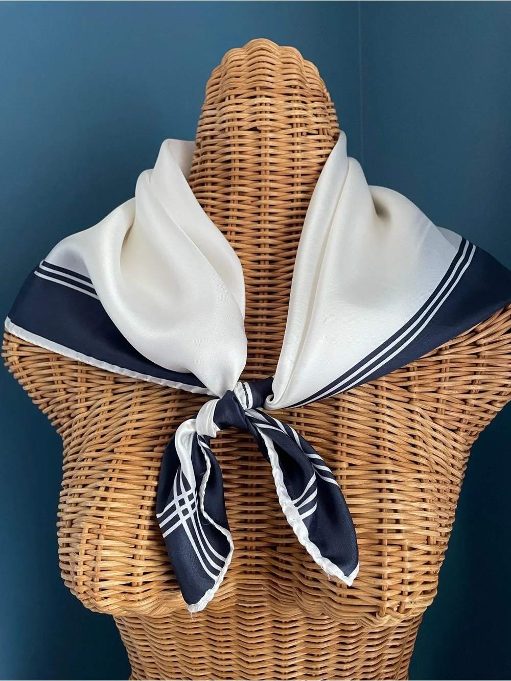 Vintage Designer Silk Twill Oleg Cassini Scarf  27” x  27” Navy White